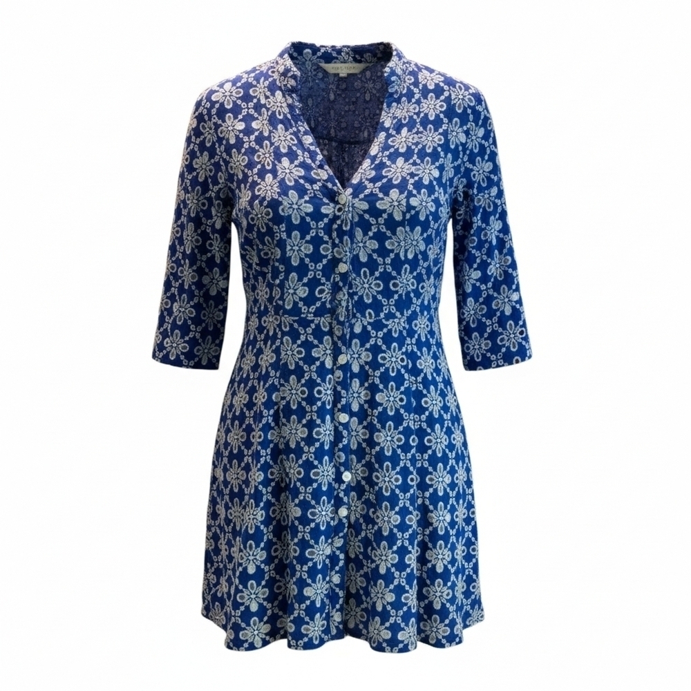 Zara Blue and White Floral Lined Mini Dress Women's M Cotton Button Front